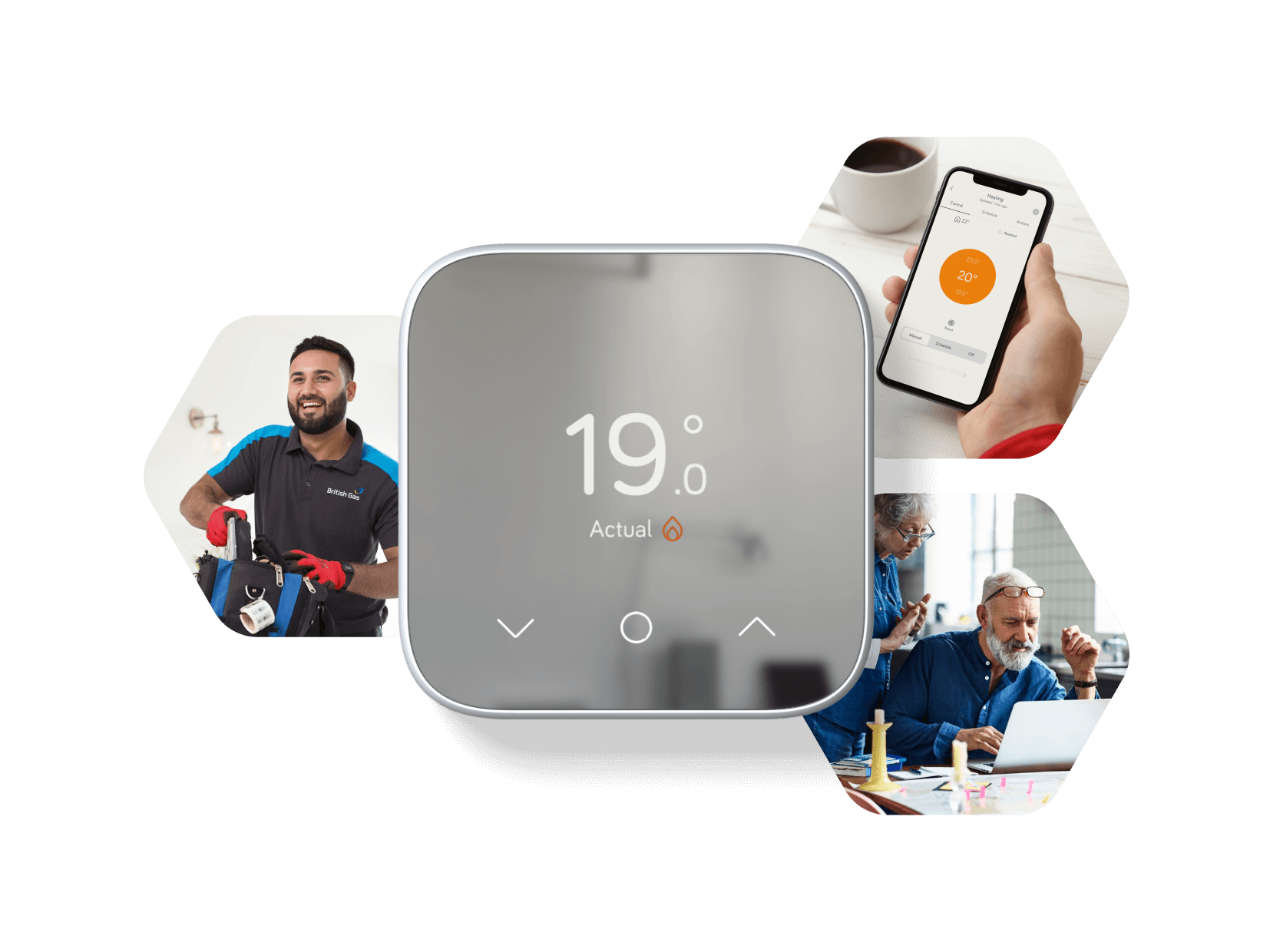 A Hive Thermostat Mini, alongside Hive customers, the Hive App on a smartphone, and a British Gas engineer.
