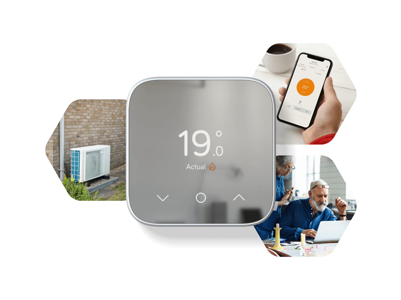 A Hive Thermostat Mini, alongside Hive customers, the Hive App on a smartphone, and a Hive Air Source Heat Pump.