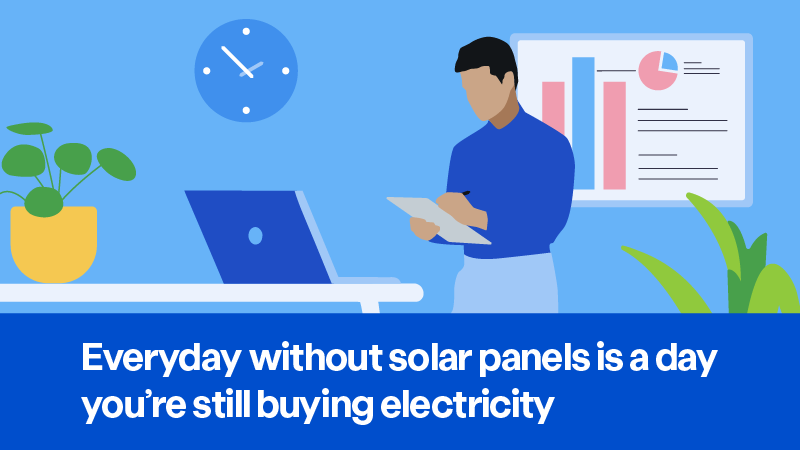 Illustration of a businessman holding a clipboard, standing next to a desk with a laptop in an office with a bar and pie chart are displayed on the wall - Everyday without solar panels is a day you're still buying electricity