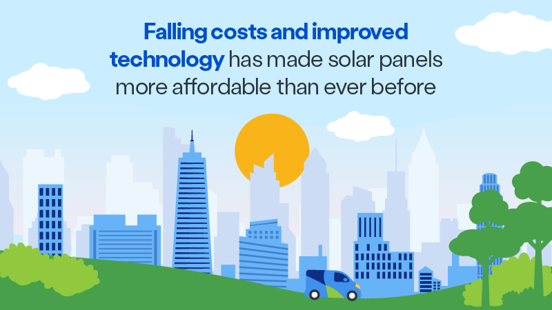 Illustration of a British Gas van driving in front of cityscape with a rising sun - falling costs and improved technology has made solar panels more affordable than ever before